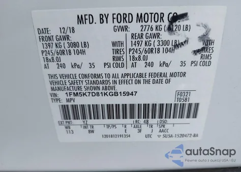 2019 Ford Explorer Xlt z USA, uszkodzony, nr VIN 1FM5K7D81KGB15947